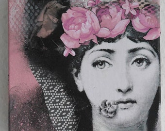 Small acrylic painting, Julia,Fornasetti, rose, white,black, face,women, flowers,bird, collage by Beate Frieling