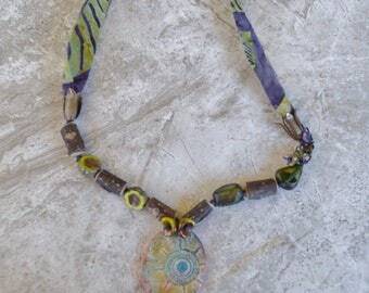 Woodland necklace with batik ribbon - DayLilyStudio