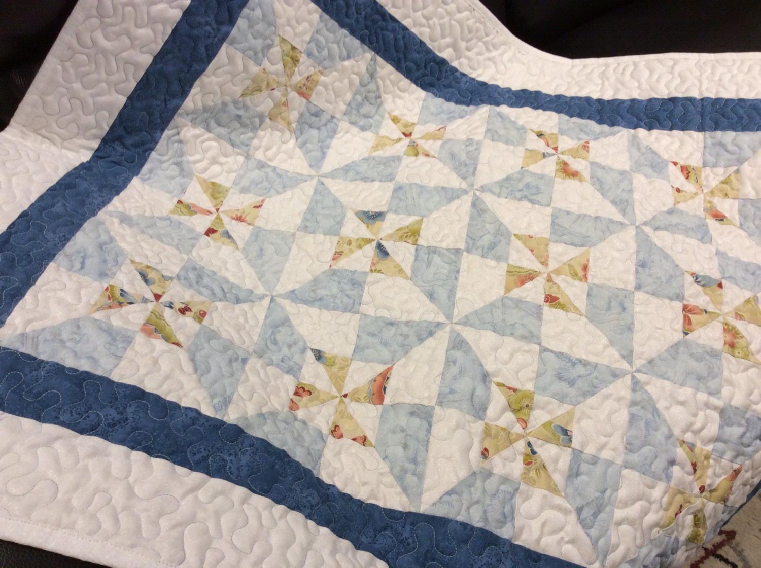 Baby blue crib quilt blue white and taupe small quilt fluffy