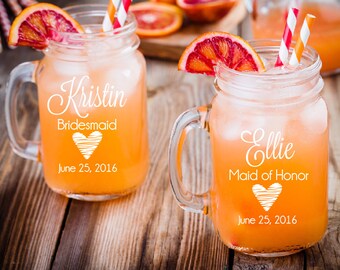 Bridesmaid Mason Jar, Engraved Mason Jar with Handle, Maid of Honor Mason Jar, Wedding Mason Jar, Etched Mason Jar, Bridal Party Gift
