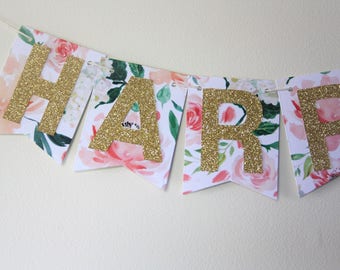 Glitter Banner. Floral Banner. Flower Theme. Custom Banner. Bassinet Banner. Bridal Shower. Baby Shower. Birthday Party. Nursery Decor. Gold