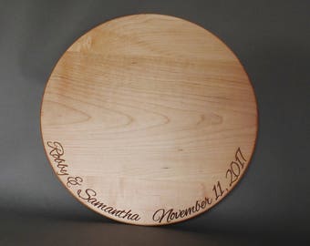 Personalized Wood Cake Stand or Cutting Board Engraved with Couples Name and Date in Cherry, Walnut, White Oak or Maple Wood.