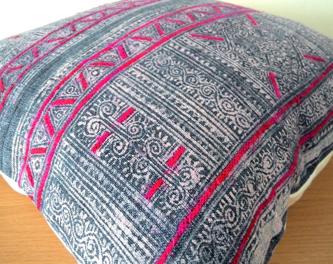 18"x 18" Vintage Hemp Blue Indigo Batik with Red Pink Stripes / Hmong Hemp Pillow Cover / Exotic Textile / Ethnic Costume Pillow Case
