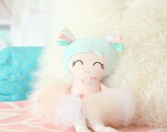 Personalised Handmade Cloth Doll - Ballerina Doll - Tutu Doll - Fabric Doll - Rag Doll - First Birthday - Blush and Mint - Made to Order