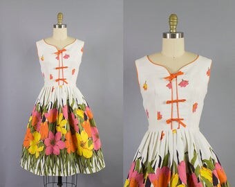 1950s cotton floral dress/ 50s border print sundress/ medium