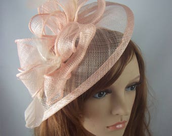 Nude Pink Teardrop Sinamay Fascinator with Feathers - Wedding Races Special Occasion Hat