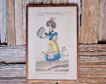 1810 French antique framed hand painted engraving Hautecoeur Martinet Paris, Ballet Costume Astolphe et Joconde, antique wallpaper