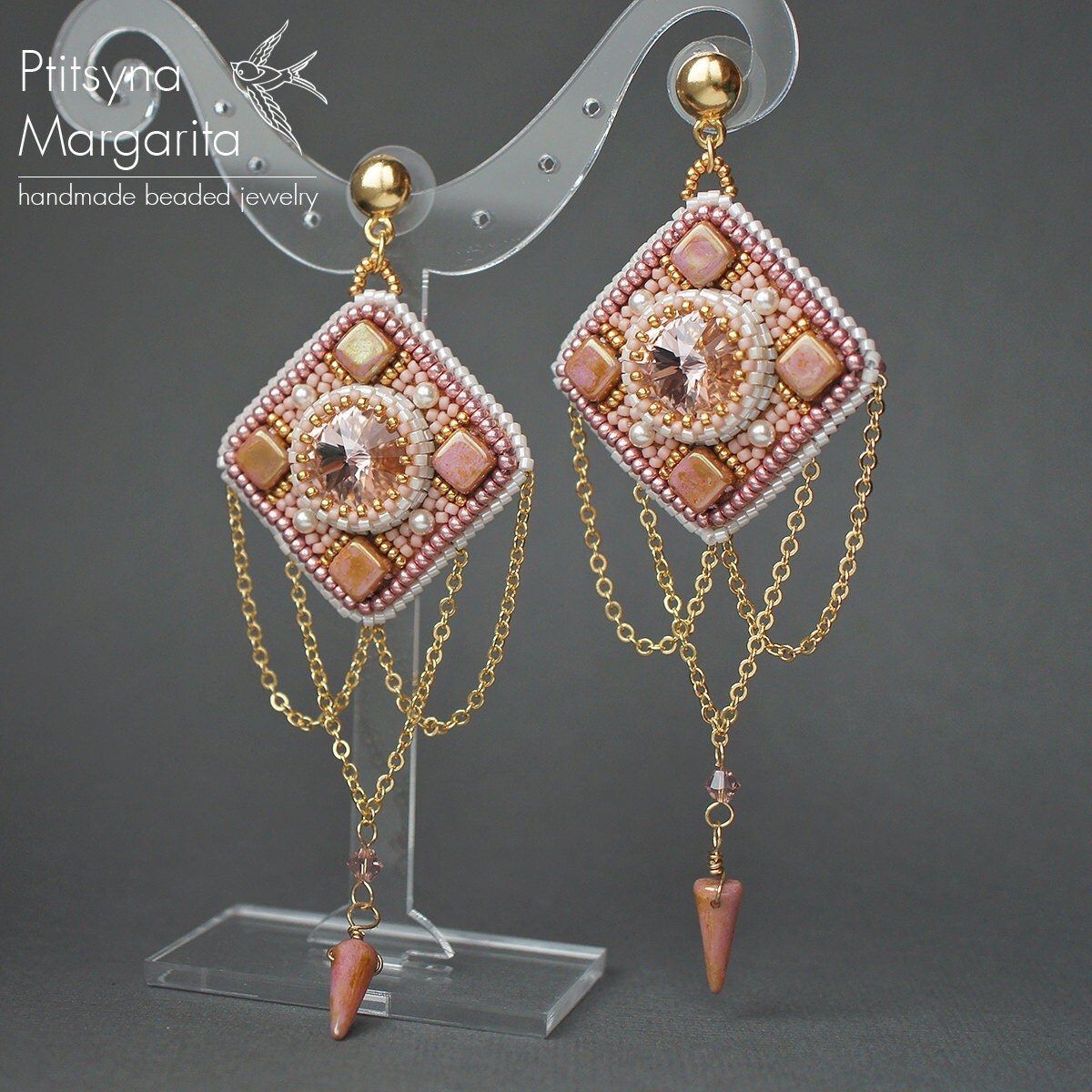 Pink Gold long earrings with chains bead embroidered