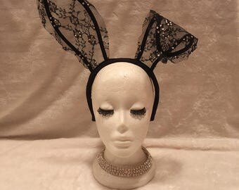 Black Lace Bunny Ears with Crystals. Burlesque Cabaret Vintage Costume Accessory