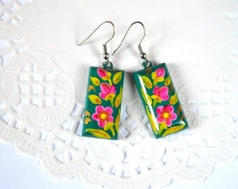 emerald green earrings green jewelry|for|gift ideas gift|for|women gift idea green pink floral earrings handmade jewelry dangle earrings ART