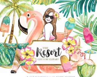 Resort Clip Art | Fashion Illustration Glam Girl Flamingo Floater Coconut Tree Summer Graphics | Planner Stickers Digital Resources Cliparts
