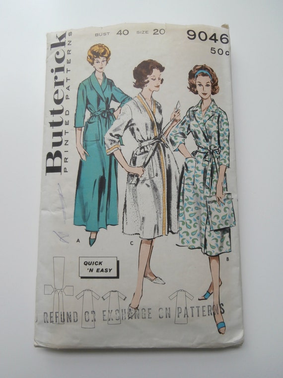 Vintage Size 20 BUTTERICK 9046 Bathrobe Sewing Pattern, Bust 40, 1950's