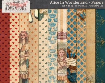 Printable letter size 8,5 x11 Alice In Wonderland digital scrapbook papers, digital download, patterned papers, vintage ephemera Alice