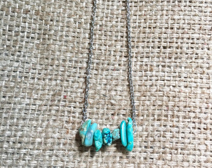 Raw Turquoise Necklace, Turquoise Necklace, Raw Stone Necklace, Bar Necklace, Gemstone Necklace, December Birthstone, Bar Chip Necklace