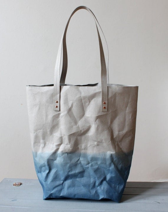 Washable Paper tote bag Grey and Indigo Blue dip dyed bag