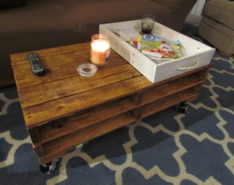 Rustic, Recycled, reclaimed pallet wood coffee table with wheels
