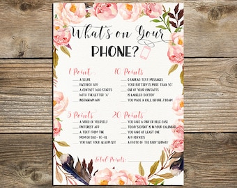 Boho Baby Shower What's on Your Phone Game - Printable Phone Raid Game - Boho Floral What's in Your Phone Game - BF-19