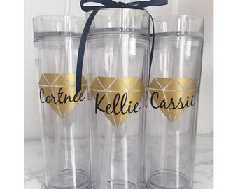 7 Custom skinny tumblers, bridal set, party favor, bridal shower gift, wedding gift, wedding favors, bridesmaids gift, wedding cup