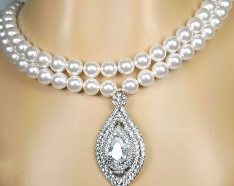 Teardrop Crystal Wedding Necklace, Many Colors Available, Cubic Zirconia Teardrop Pendant, Pearl Wedding Necklace, Swarovski Pearl Jewelry