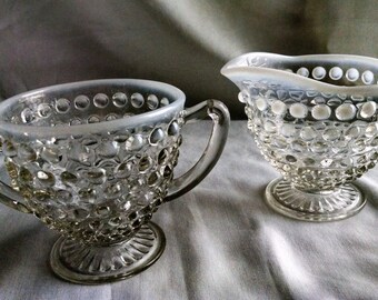 Anchor Hocking Moonstone Opalescent Hobnail Footed Creamer and Sugar set.