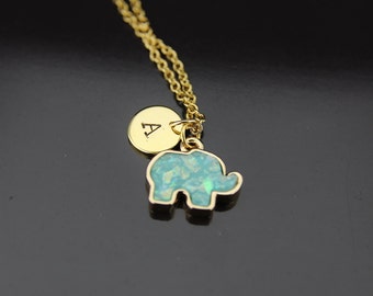 Gold Elephant Charm Necklace Elephant Mint Green Imitation Opal Charm Elephant Necklace Gold Necklace Personalized Necklace Initial Necklace