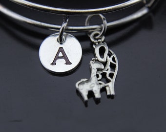 Giraffe Bracelet Silver Giraffe Charm Bangle Giraffe Jewelry Expandable Bangle Personalized Bangle Initial Charm Initial Bangle