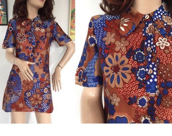 Vintage 60s 70s Flower Power Micro Mini Shift Dress Retro Mod GoGo Op Pop Art Boho Hippie Hippy Mid Century Modern 1950s 50s 1960s 1970s 90s