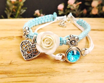 Charm bracelet Girls jewelry Gift for her Blue bracelet Rhinestone bracelet Blue flower jewelry Macrame bracelet Best friend gift Birthday