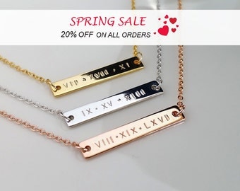 Personalized Necklace, Custom Necklace, Bridesmaid Gift, Roman Numerals Bar Necklace, Personalized Gift, Gold Necklace, Personalized Jewelry
