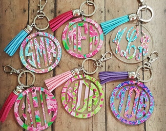 Lilly Pulitzer Inspired Monogram Key Chain, Monogrammed Keychain, Bridesmaid Gift Keychain, Paisley Monogram Key Chain, Tassel Keychain