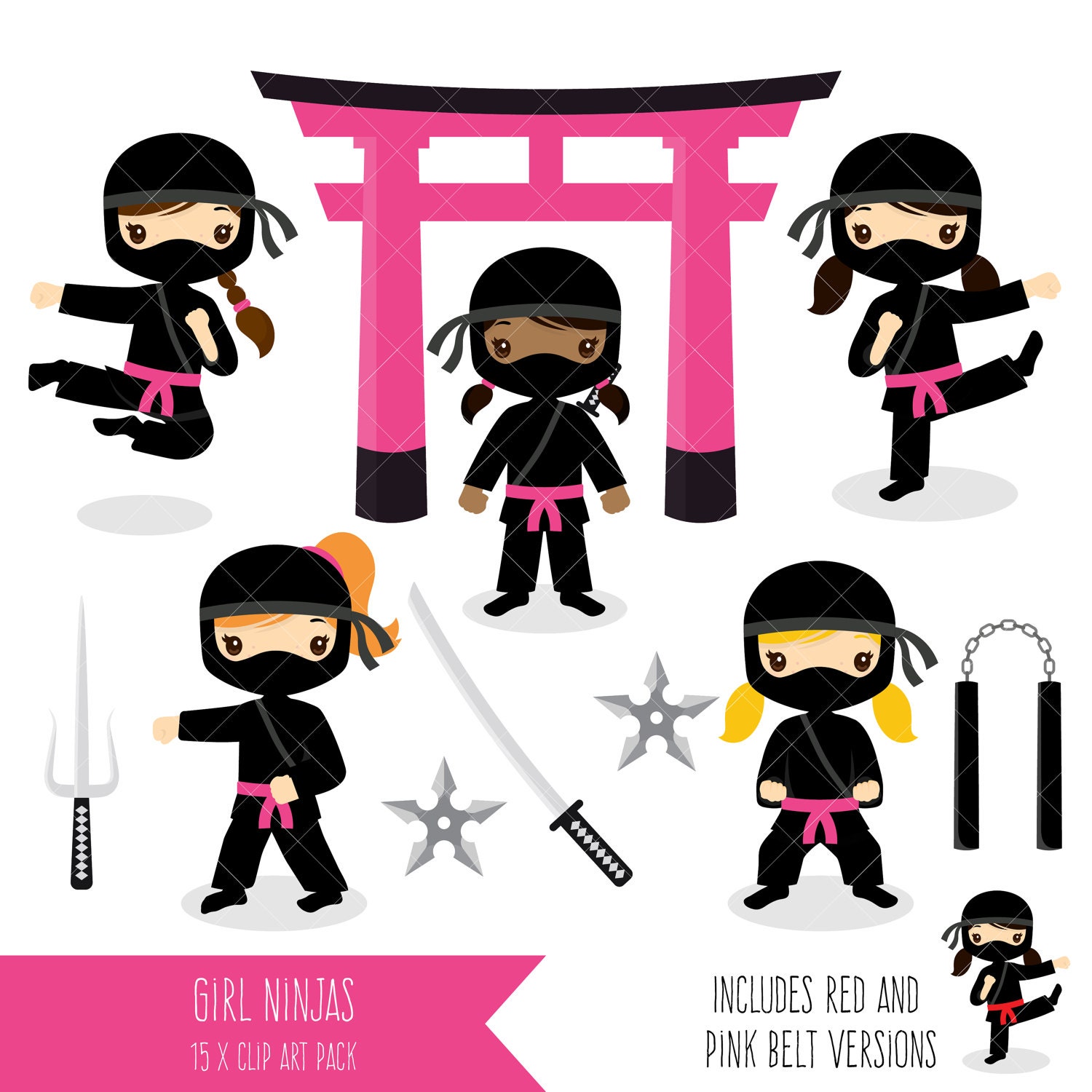 Ninja Clipart / Ninja Girls / Pink Ninja Party Printables