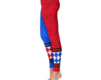 Harlequin Leggings - Red, White and Blue Joker Jester Tights, Harley Quinn Cosplay Costume Pants