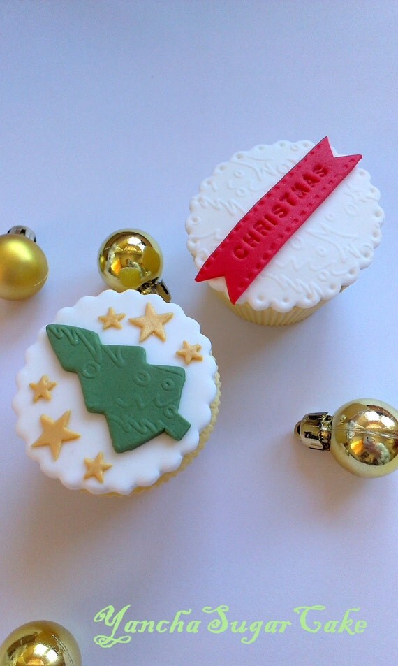 Fondant Edible Cupcake Toppers Set 12 Christmas Tree Stars Cake Fondant Edible Cupcake Toppers Set 12 Christmas Tree Stars Cake