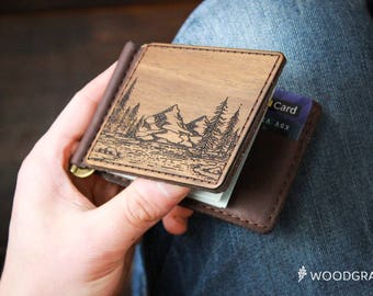 Money Clip Wallet Leather Money Clip Wallet Minimalist Mens Wallet Money Clip Leather Wallet Slim Wooden Wallet Men gift Mens Money Clip