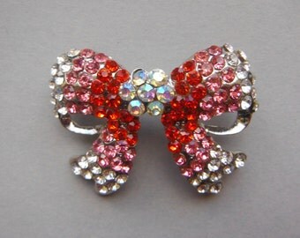 Rhinestone Bow Brooch - Pink, Red and Crystal Rhinestones
