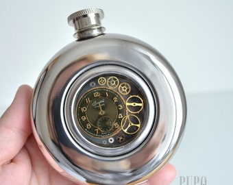 Steampunk Flask, Hip Flask, Vintage Flask, Gift Mens, Original, Steampunk Hip Flask, Stainless Steel, Round Flasks, Steampunk Gift, Gifts