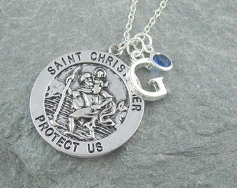 St Christopher necklace, initial necklace, personalized jewelry, swarovski birthstone, protection jewelry, travel gift, patron saint