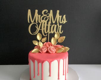 Personalized Mr & Mrs Cake Topper, Mr and Mrs Cake Topper, Custom Wedding Cake Topper, Glitter Gold Cake Topper, Personalized Last Name