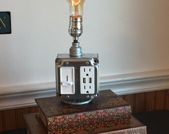 Industrial Lamp, Pipe Lamp, Steampunk Lamp, Industrial Lighting, Galvanized Pipe Lamp, Edison Bulb, USB Charger , Electrical Box, Dimmer