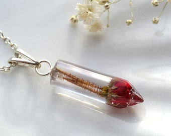 Resin jewelry - epoxy resin crystal with real red rose - resin red rose crystal pendant - clear resin red crystal - flower crystal