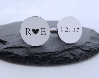 Personalized Cufflinks Engraved Cufflinks Round Initials Custom Cufflinks Gift for Him Groom Gift Jewelry Men Heart Couples Gift Anniversary