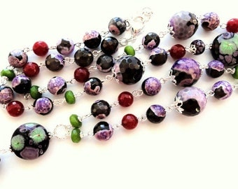 Black agate necklace beaded lampwork long jewelry necklace colorful purple agate beads large bead necklace gemstones womens necklace gift