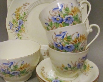 Royal Grafton China Tea Set 1940's 50's Morning Glory Part Tea Set - Cups, Saucers, Cake Plate, Sugar Bowl, 1940's English China