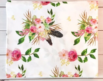 Fox Floral Feathers Pink Quilting Fabric. Fabric by the Yard. Cotton Knit Jersey Minky Flowers Tribal Southwest Blush Nursery Girl Baby Boho