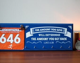 Running Medal Holder and Bib Display Plaque, Hand Painted Wood Sign, The Amount You Give; Luke 6:38, Marathon, 10k, 5k