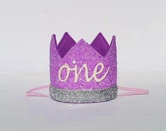 Baby Girl Lavender Lilac Purple and Silver Sophia First 1st Birthday Party Glitter Crown Hat for Cake Smash Photo Prop Pictures ONE