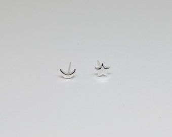 Moon and Star Sterling Silver Stud Earrings , Minimal Tiny Studs, Night Studs , Mismatched Studs, Couple Studs, Unisex , Men Earrings