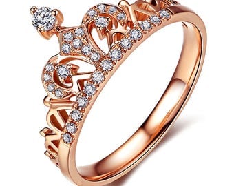 Rose Gold Crown Ring Charm With Clear CZ, Princess Ring, Tiara Ring, Promise Ring, Diy Princess Crown Jewelry, Gift For Her