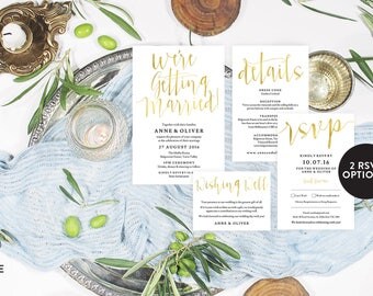 Gold wedding invitation template download, Editable pdf, Instant download, Gold invitations, Printable wedding stationery, Wedding details