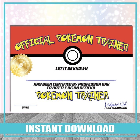 Pokemon Trainer Certificate Instant Download Printable